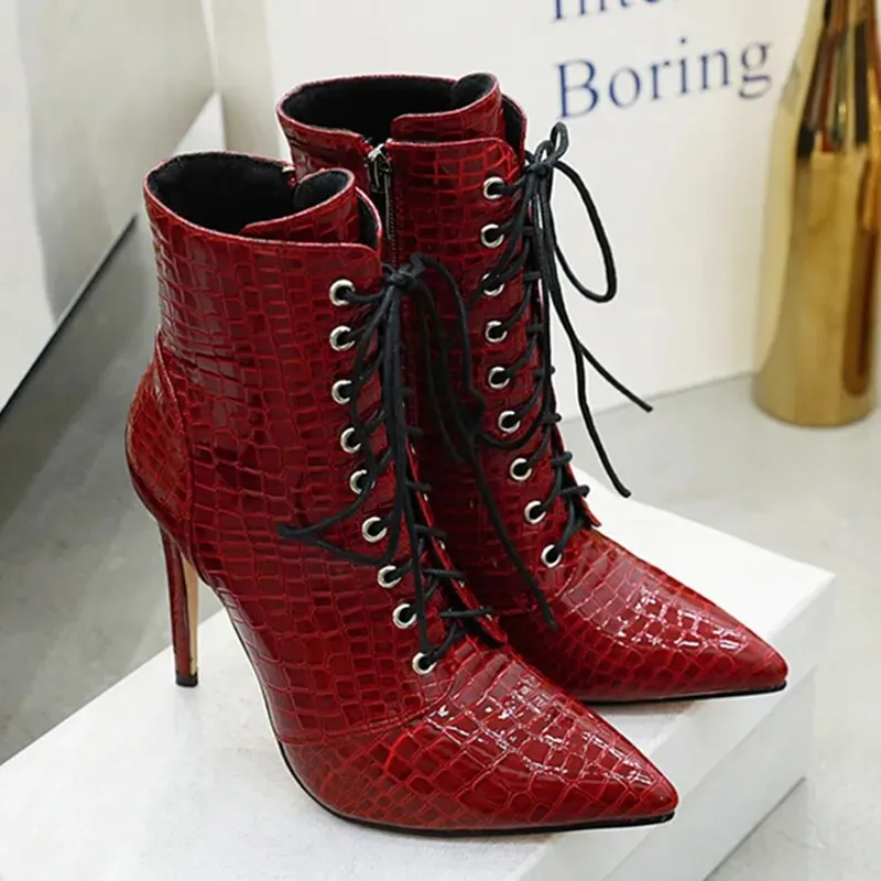 Snake High Heels Lace Up Short Boot