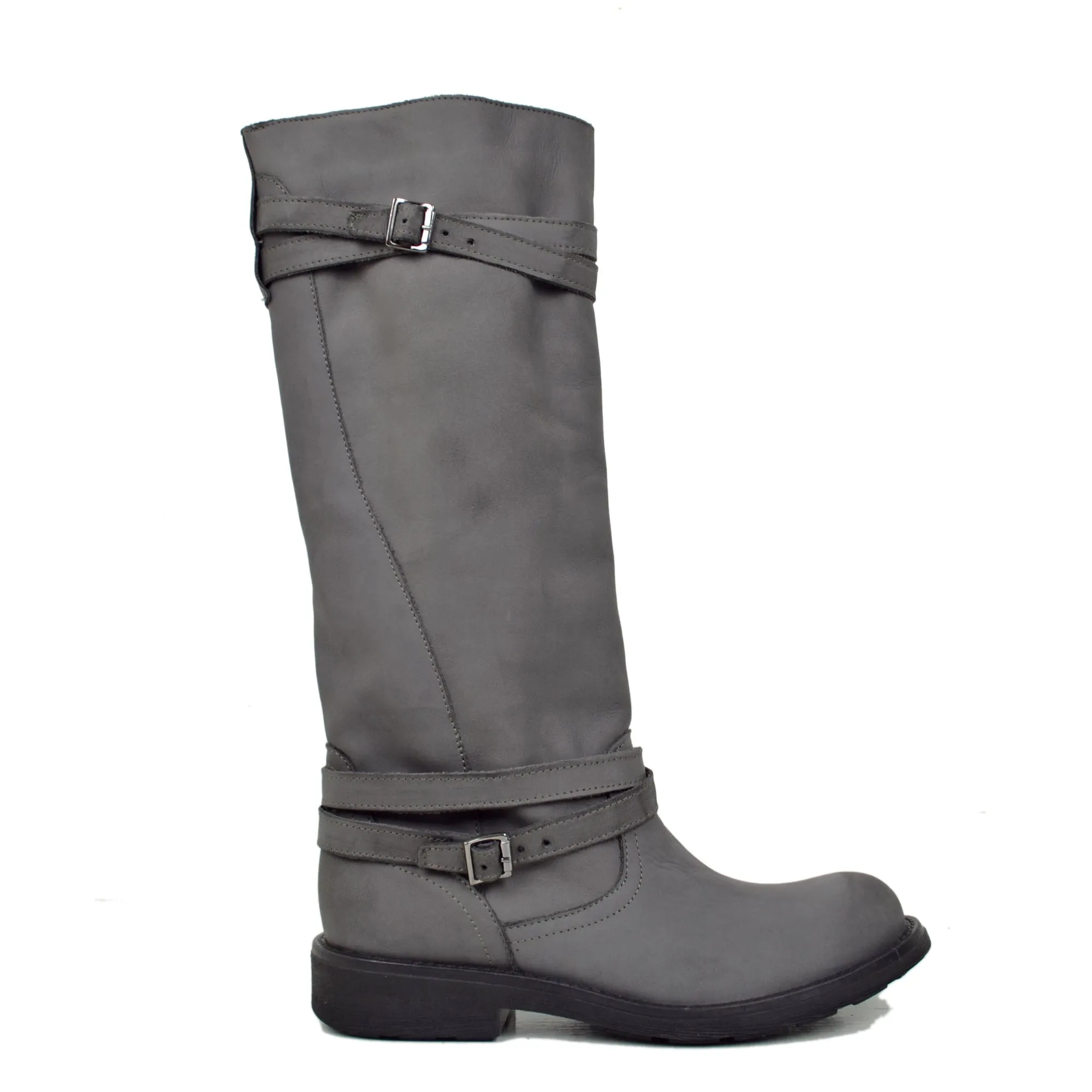 Stivali Camperos Alti Donna in Pelle Vintage Sfumata Grigio