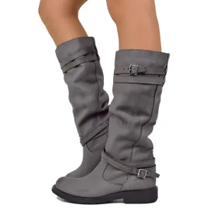Stivali Camperos Alti Donna in Pelle Vintage Sfumata Grigio