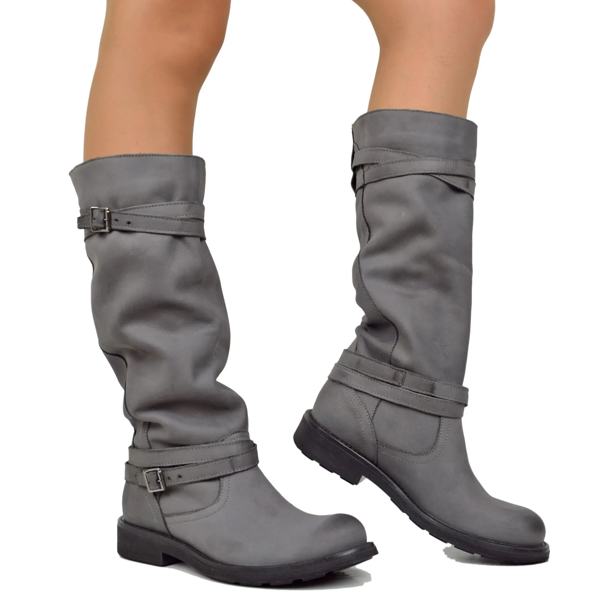 Stivali Camperos Alti Donna in Pelle Vintage Sfumata Grigio