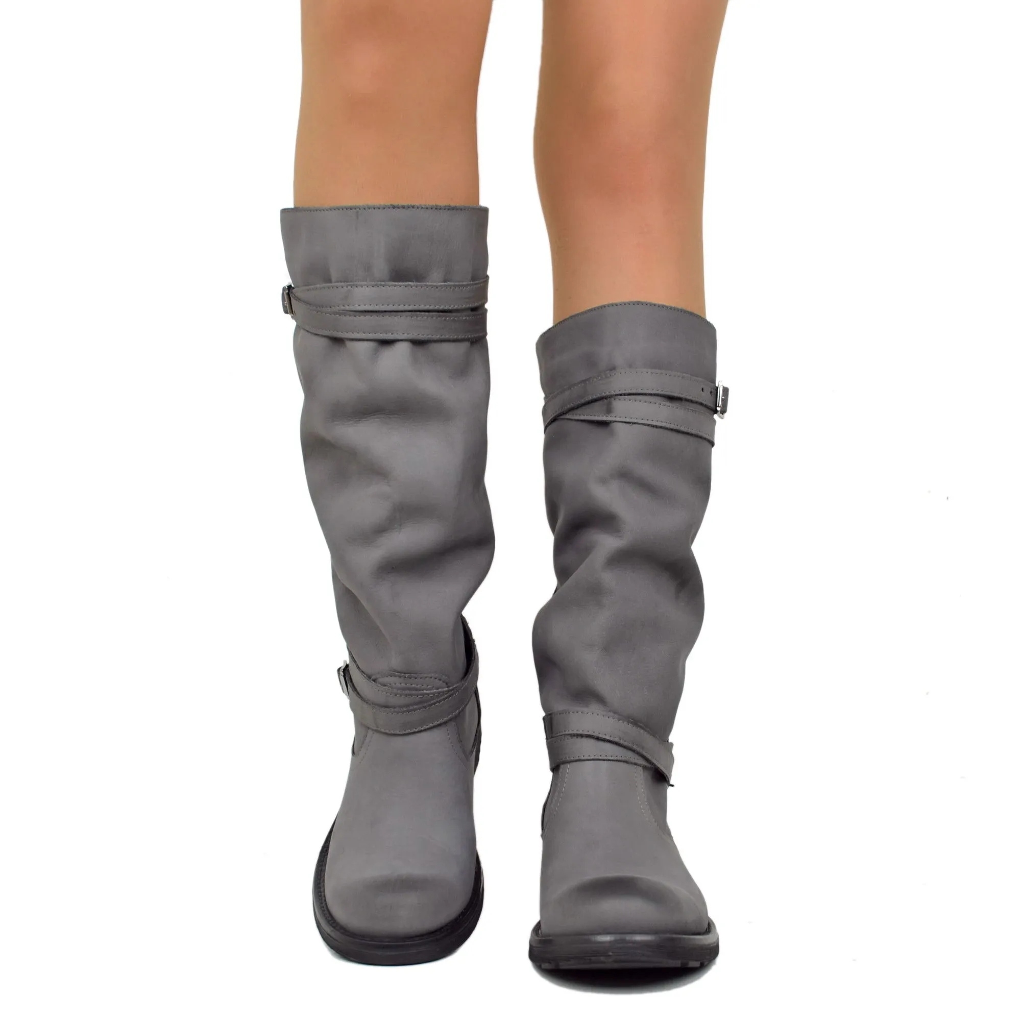 Stivali Camperos Alti Donna in Pelle Vintage Sfumata Grigio