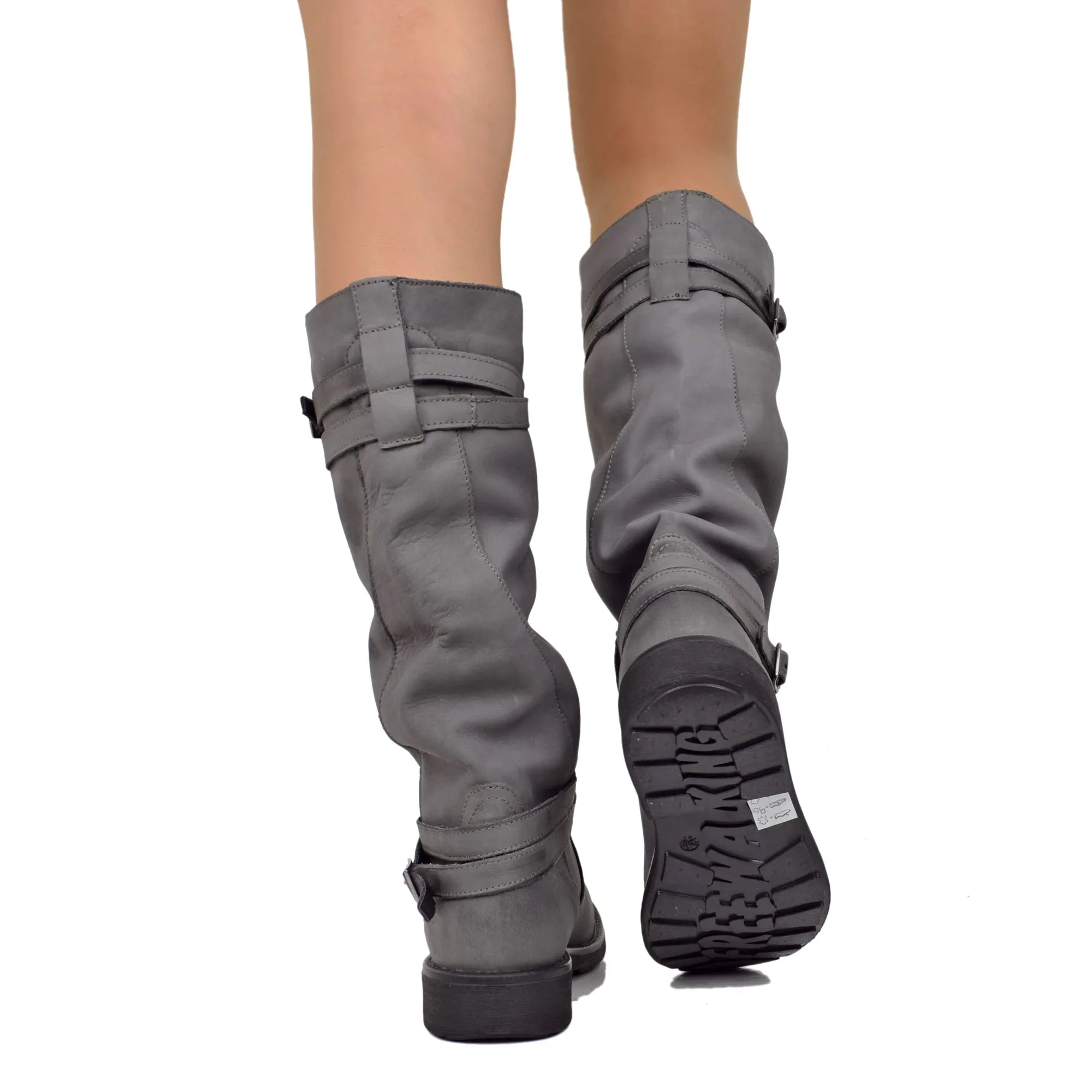 Stivali Camperos Alti Donna in Pelle Vintage Sfumata Grigio