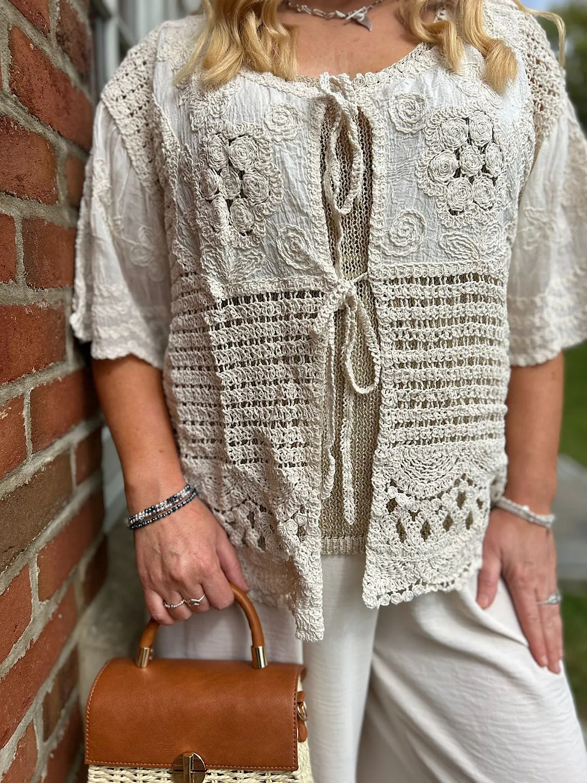Stone Crochet Tie Front Cardi Tina