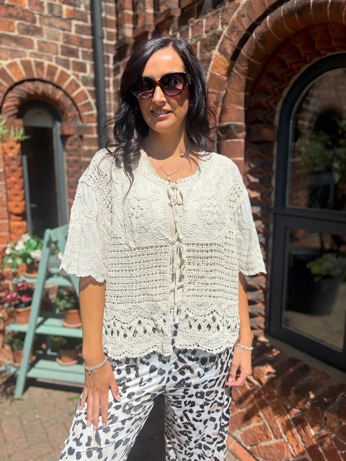 Stone Crochet Tie Front Cardi Tina