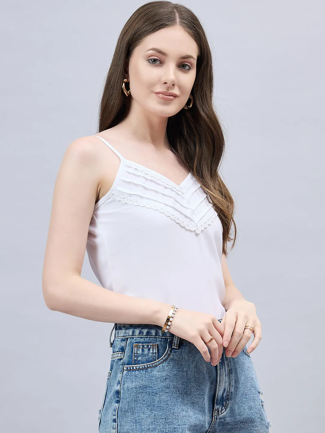 Style Quotient Women Solid White Polymoss Regular Fit Smart Casual Spaghetti Top