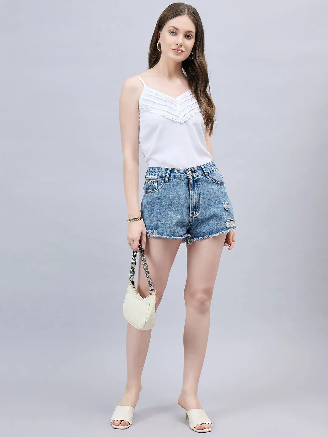 Style Quotient Women Solid White Polymoss Regular Fit Smart Casual Spaghetti Top