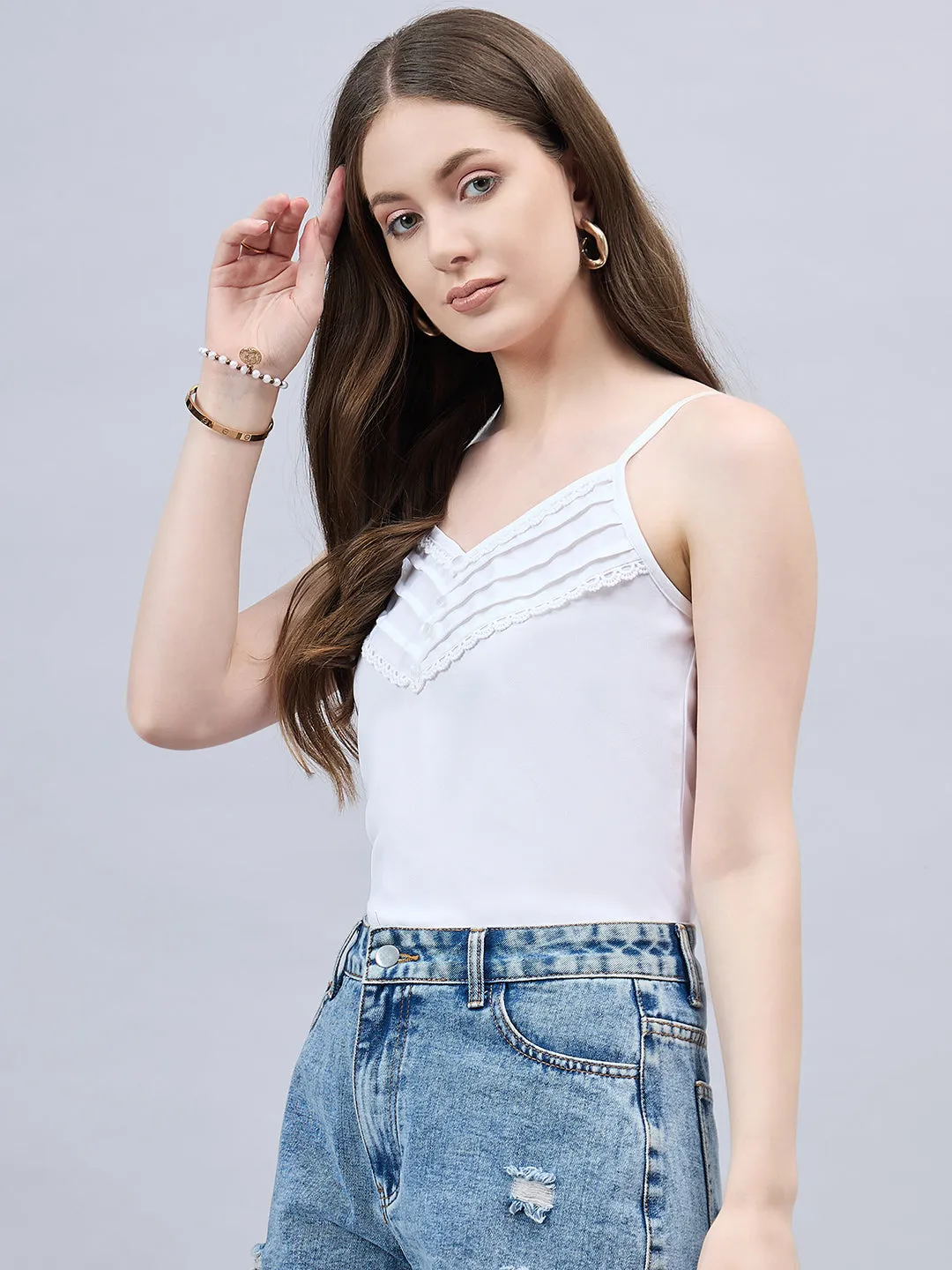 Style Quotient Women Solid White Polymoss Regular Fit Smart Casual Spaghetti Top
