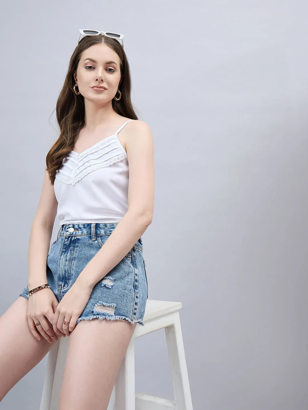 Style Quotient Women Solid White Polymoss Regular Fit Smart Casual Spaghetti Top