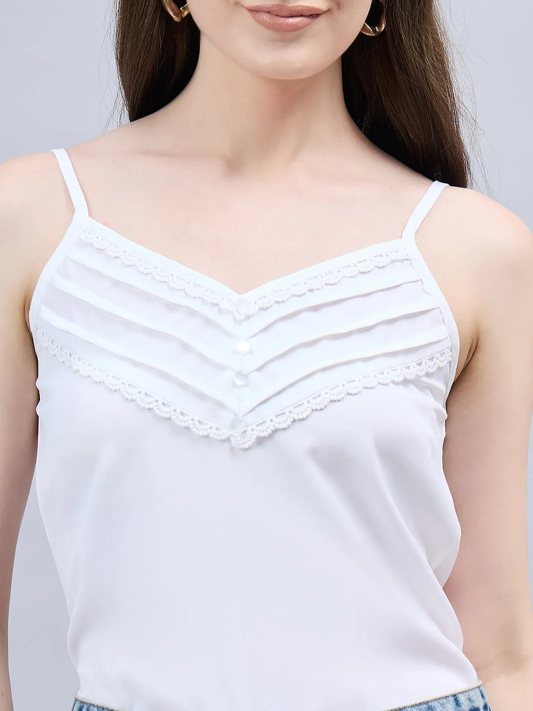 Style Quotient Women Solid White Polymoss Regular Fit Smart Casual Spaghetti Top