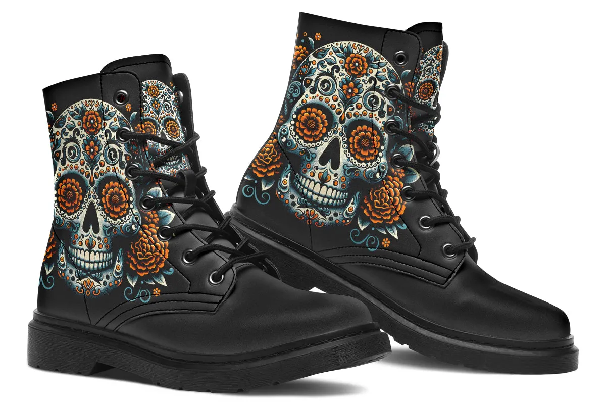 Sugar Skull With Orange Flowers Boots