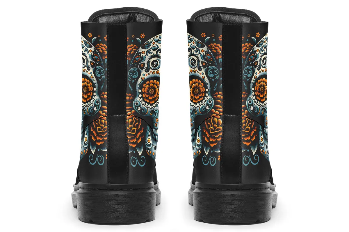 Sugar Skull With Orange Flowers Boots