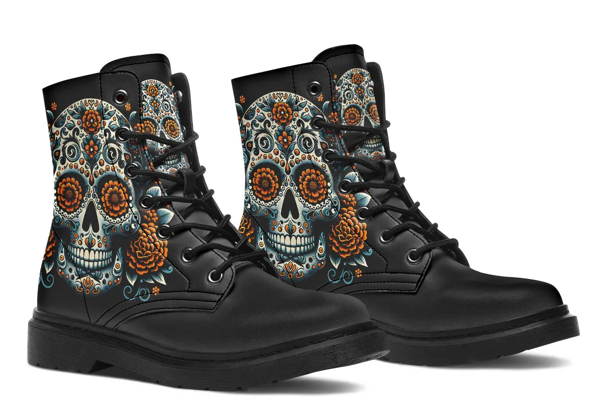 Sugar Skull With Orange Flowers Boots
