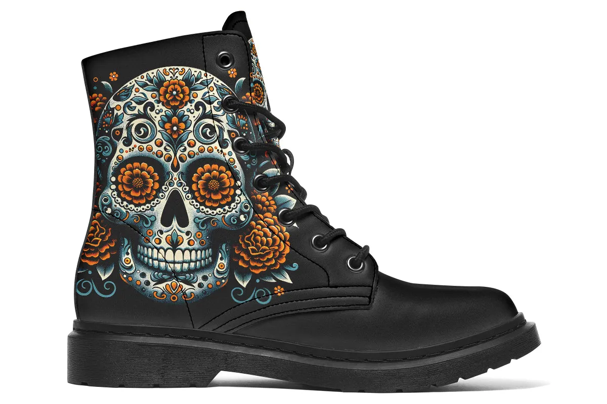 Sugar Skull With Orange Flowers Boots