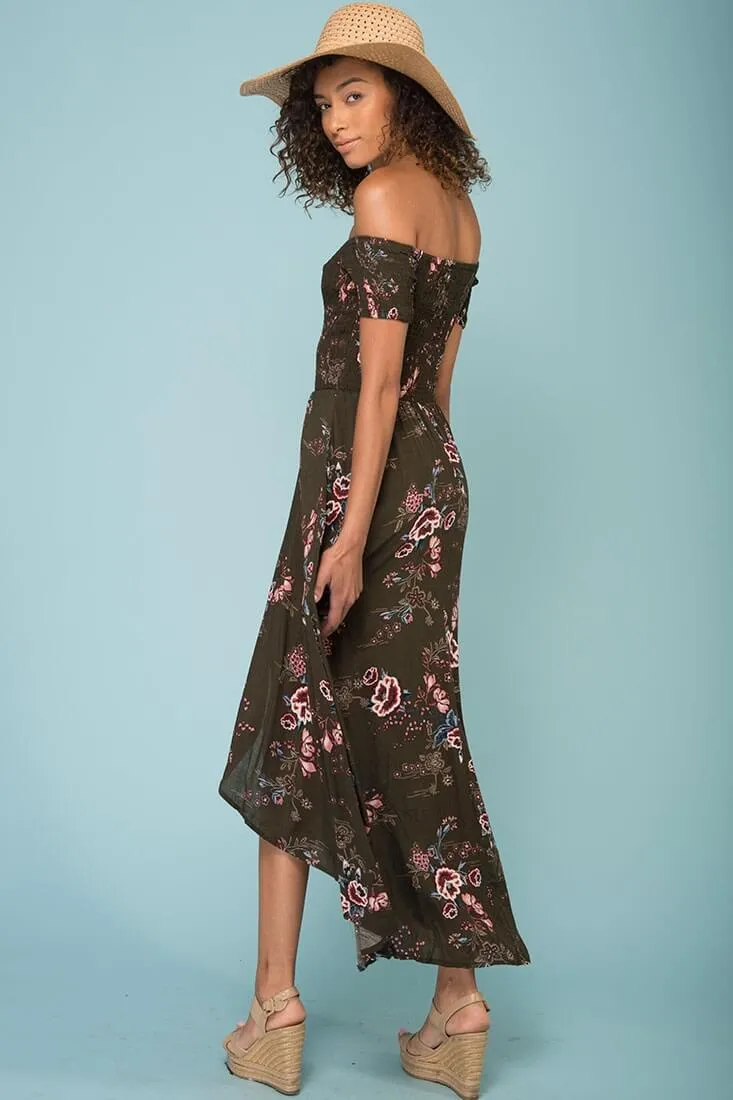 Summer Picnic Floral Print High Low Midi Dress Khaki