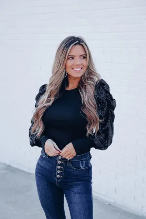 Tango Sequin Sleeve Bodysuit - Black