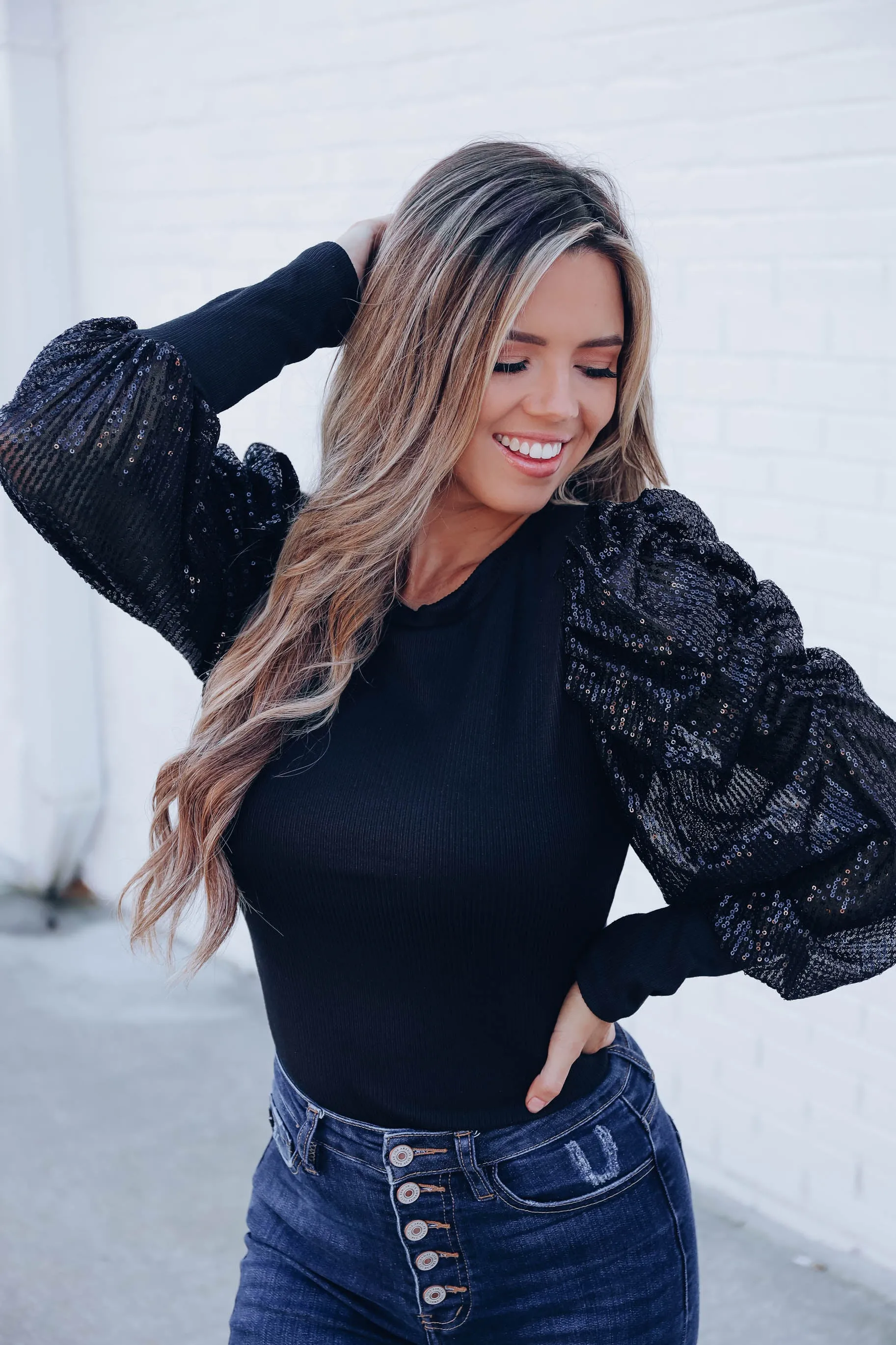 Tango Sequin Sleeve Bodysuit - Black