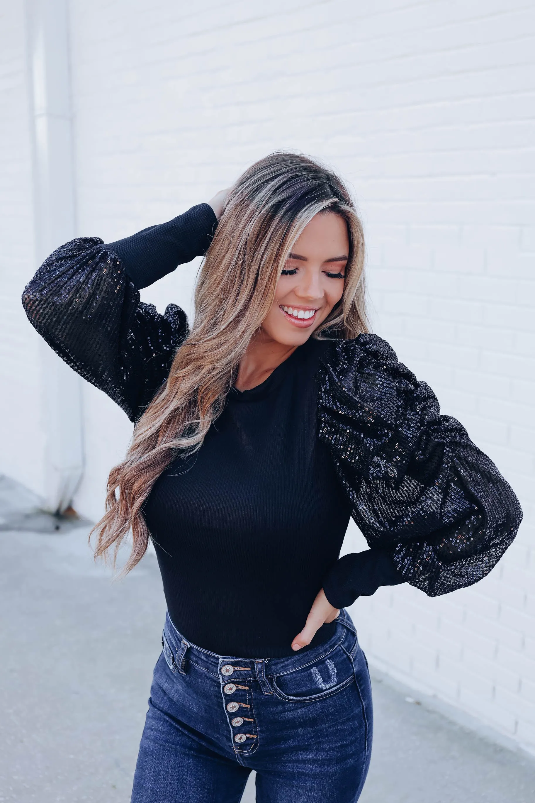 Tango Sequin Sleeve Bodysuit - Black