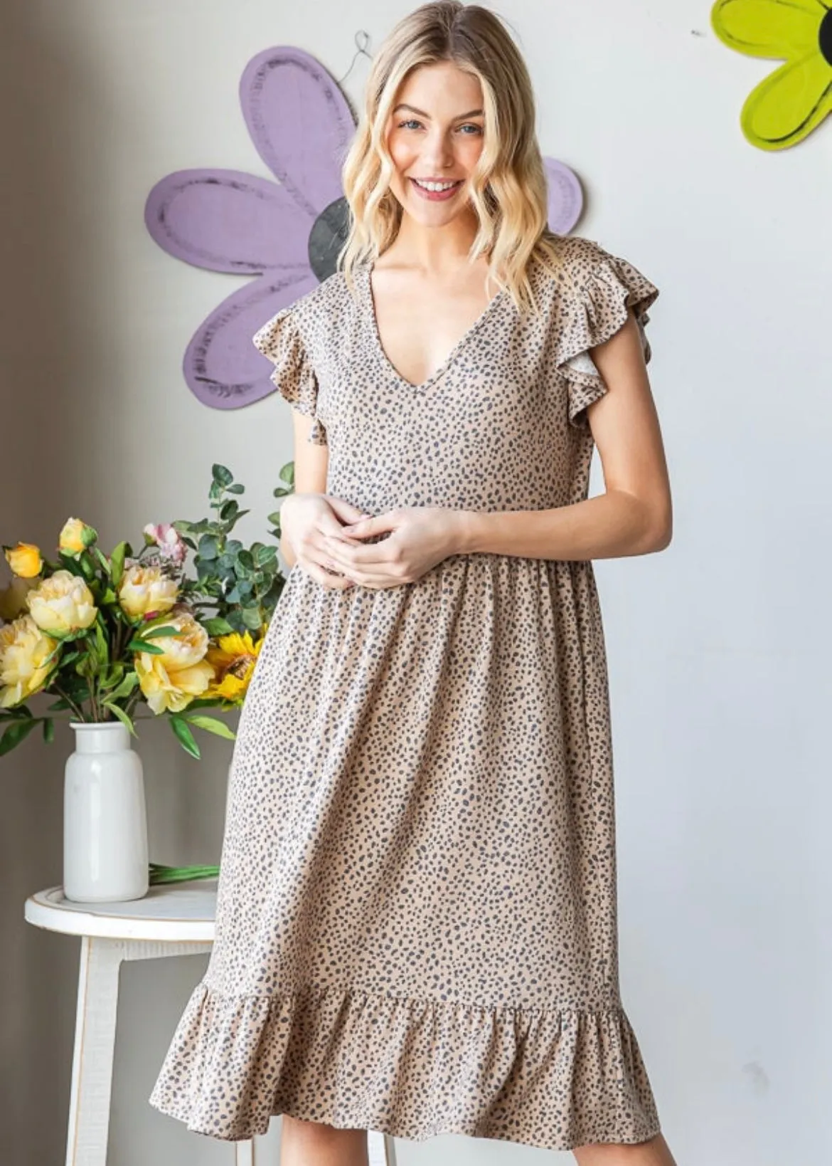 Taupe Leopard Flutter Sleeve Dress