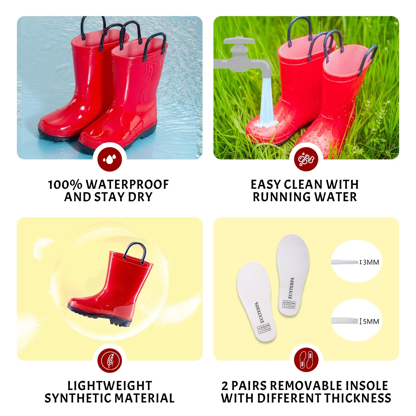 Toddler Kids Contrast Red Rain Boots