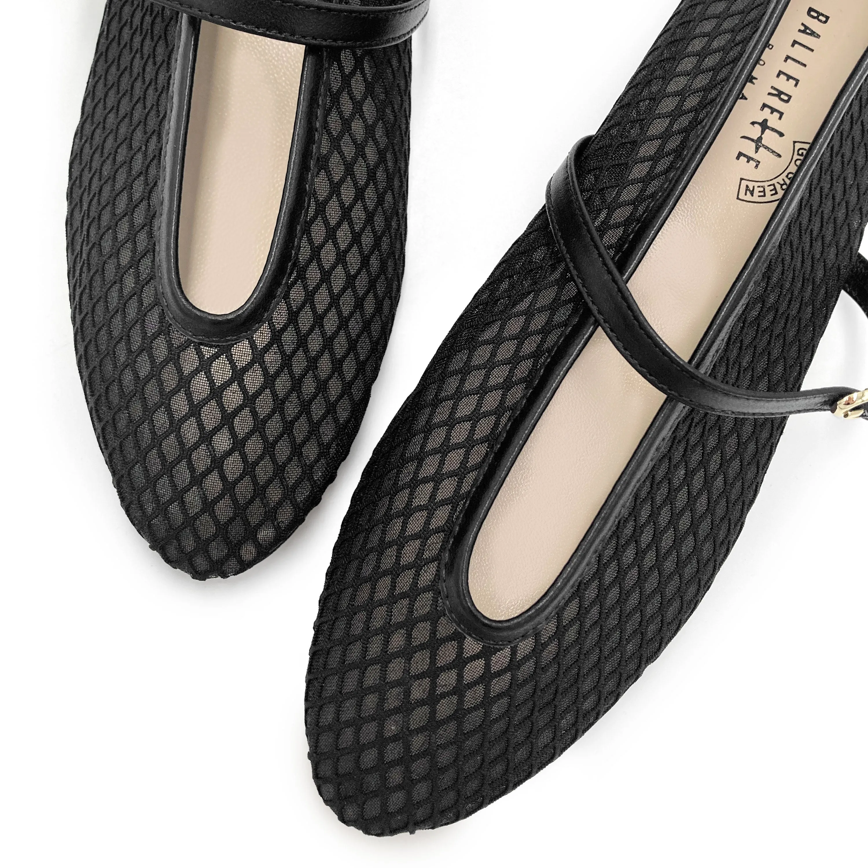 TT GO GREEN Collection - Black Transparent Mesh Ballet Flats in ECO Recycled Fabric with Strap
