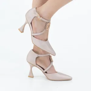 Vaila SATIN sqr trim cross belts open waist 9cm heel pointy champagne