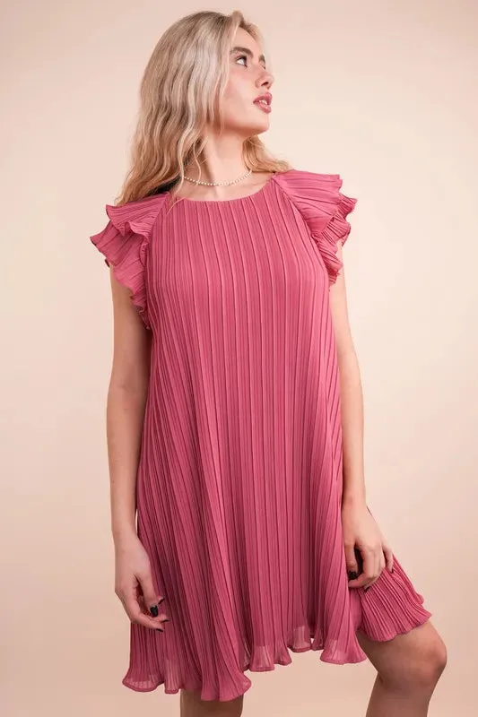 VERY J Plus Size Ruffle Sleeve Pleated Woven Mini Dress