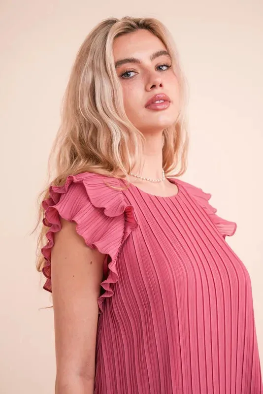 VERY J Plus Size Ruffle Sleeve Pleated Woven Mini Dress