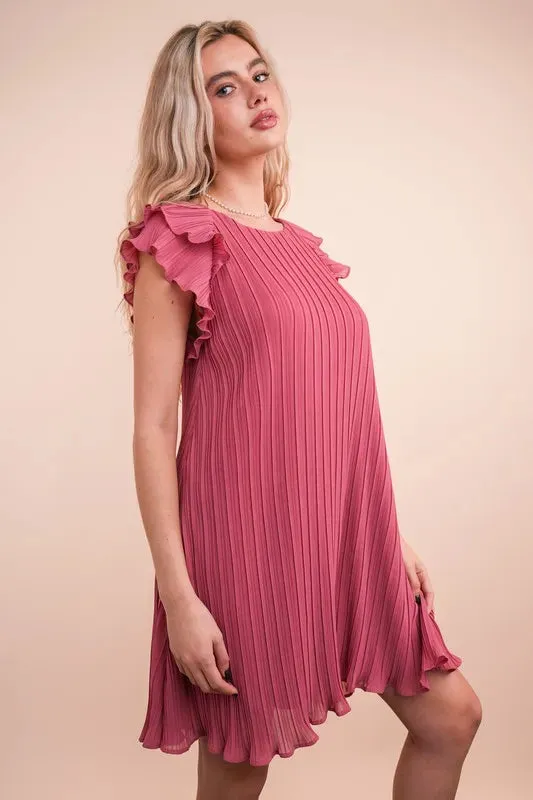 VERY J Plus Size Ruffle Sleeve Pleated Woven Mini Dress