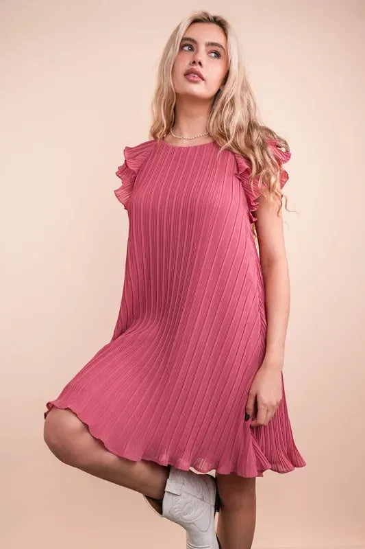 VERY J Plus Size Ruffle Sleeve Pleated Woven Mini Dress