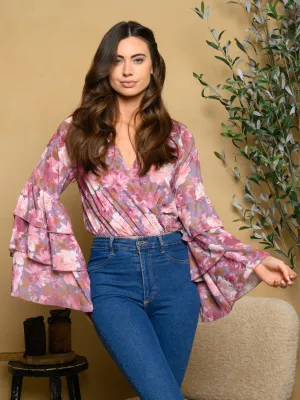 WOMEN'S BELL SLEEVE FLORAL WOVEN BODYSUIT