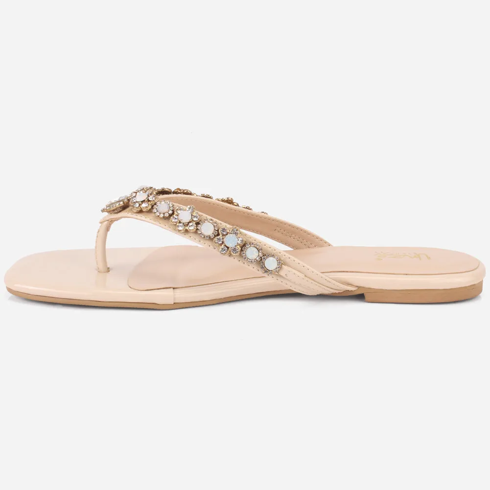 Womens "FARINA" Embellished V-Bar Summer Slippers