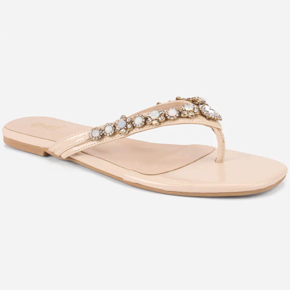 Womens "FARINA" Embellished V-Bar Summer Slippers