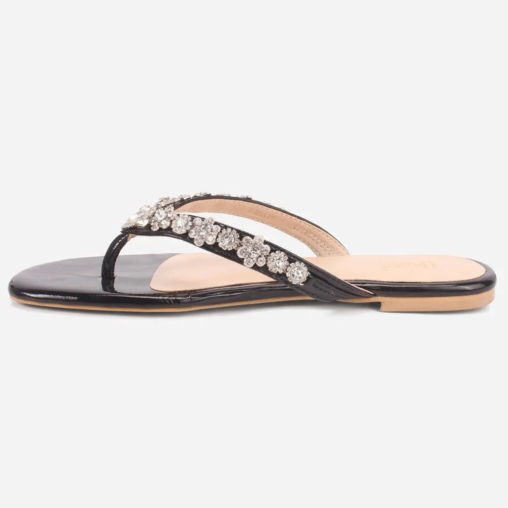 Womens "FARINA" Embellished V-Bar Summer Slippers