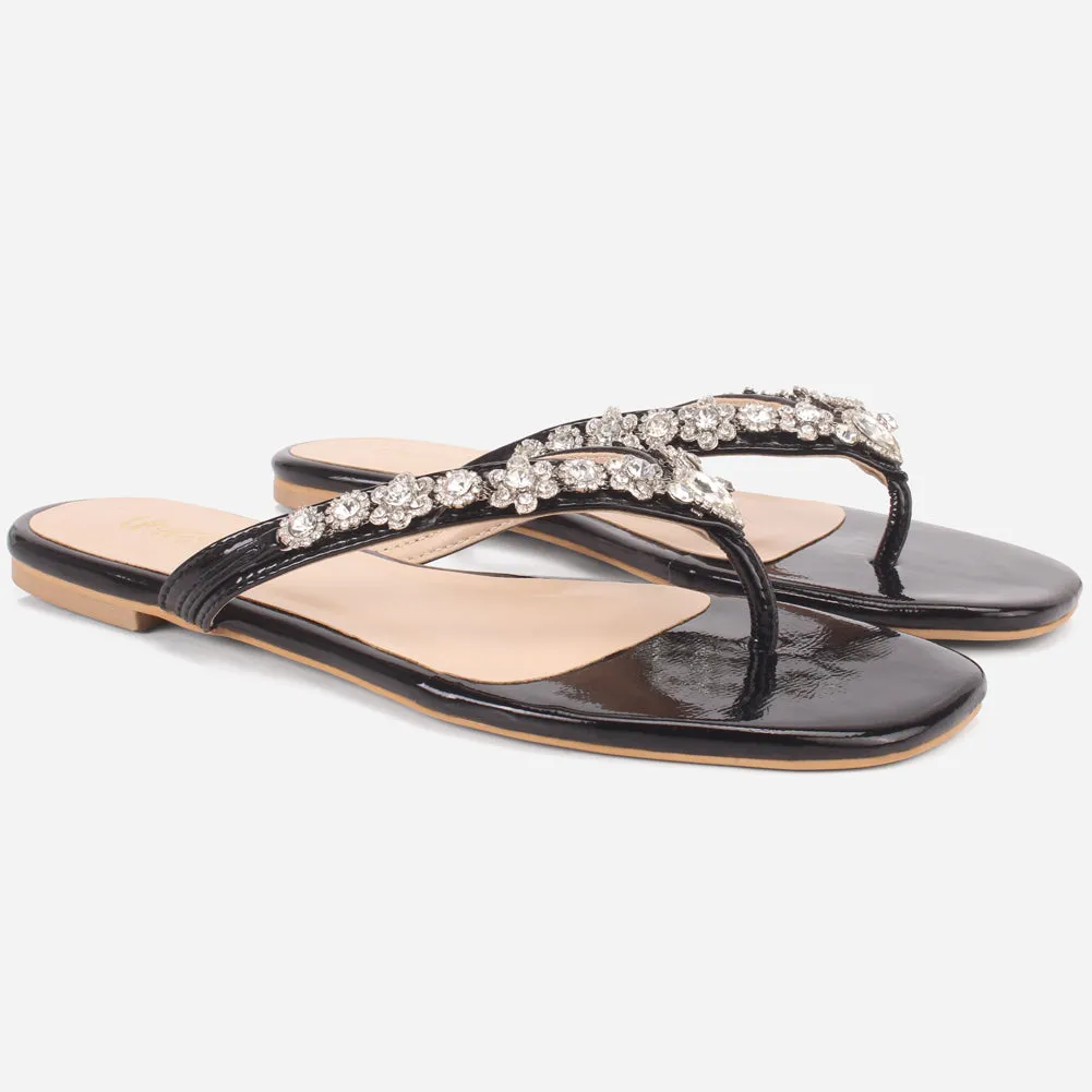 Womens "FARINA" Embellished V-Bar Summer Slippers
