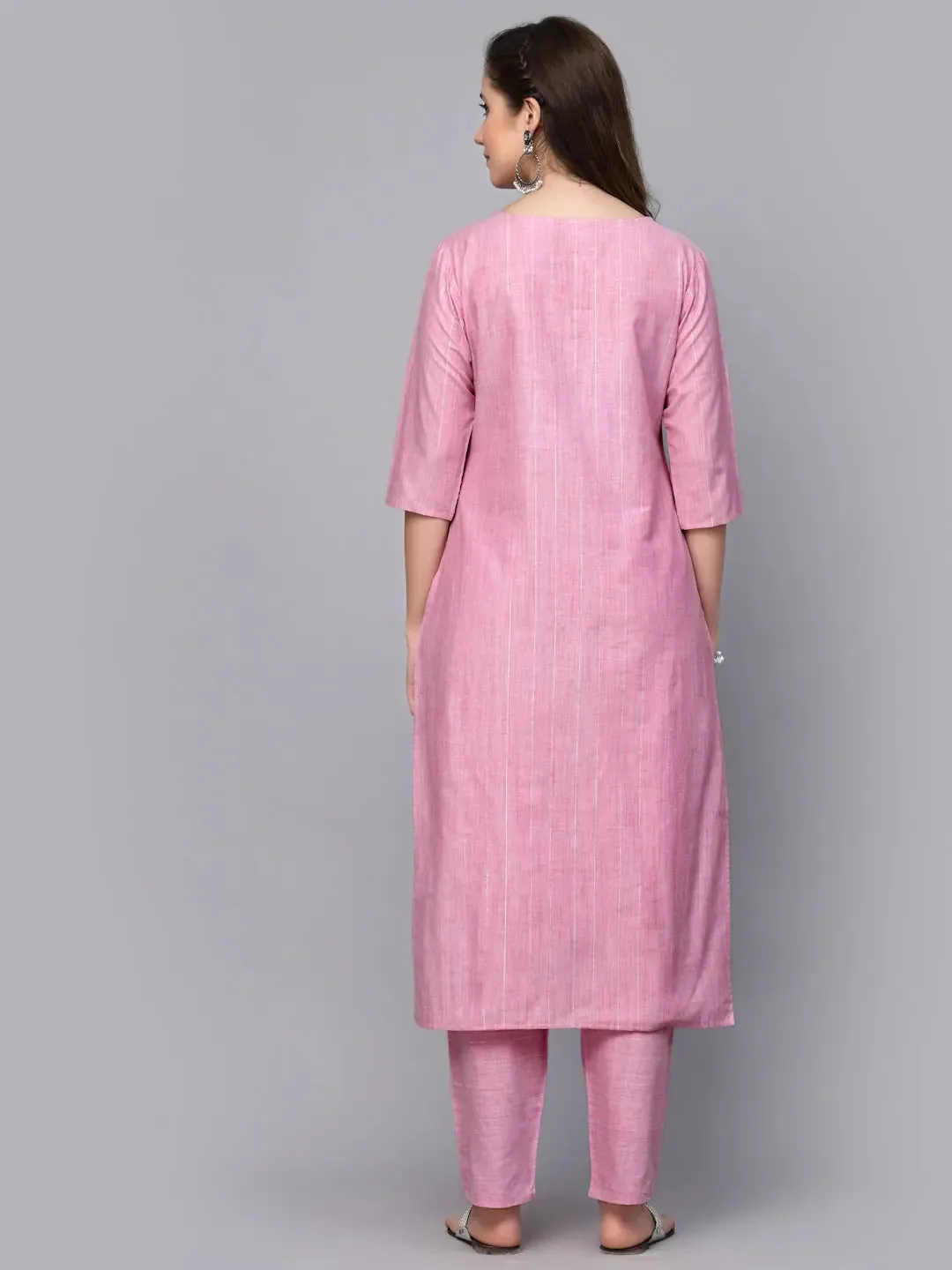 Women's Woven Design & Embroidered Cotton Blend Straight Kurta Pant Set-KPBRUNOPINK36