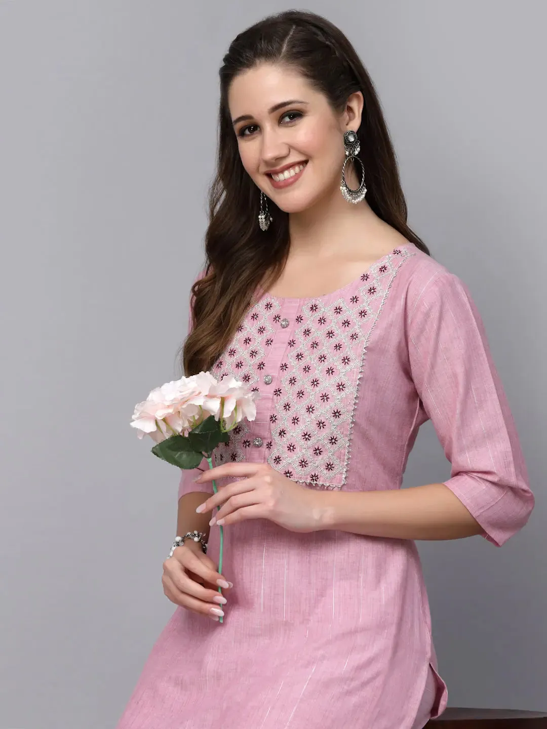 Women's Woven Design & Embroidered Cotton Blend Straight Kurta Pant Set-KPBRUNOPINK36