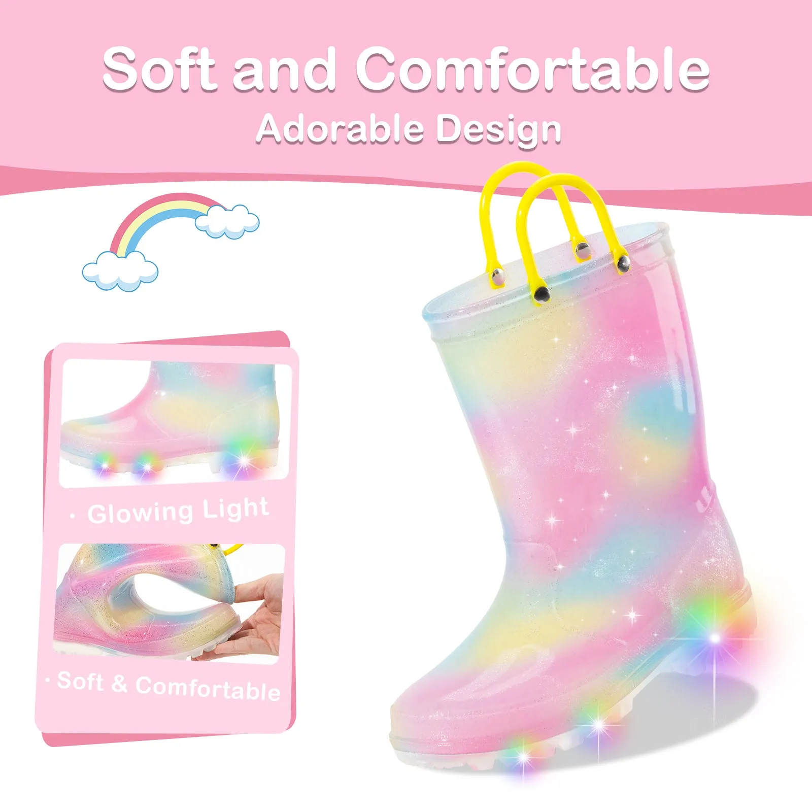 Yellow Powder Smudge Light Up Kids Rain Boots