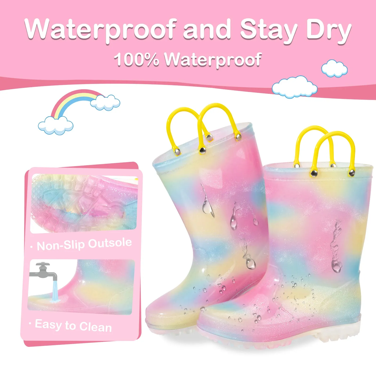 Yellow Powder Smudge Light Up Kids Rain Boots